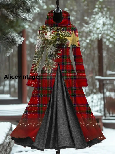 Christmas Plaid Art Print Vintage Elegant Long Sleeve Fake Two Piece Hooded Dress A / S