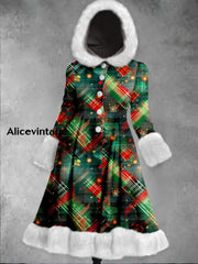 Christmas Snowflake Art Printed Elegance Furry Cuff Thick Long-Sleeved Fur Hooded Coat Midi Dress