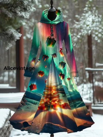 Christmas Print Retro Elegant Long Sleeve Maxi Dress Fake Two-Piece A / S