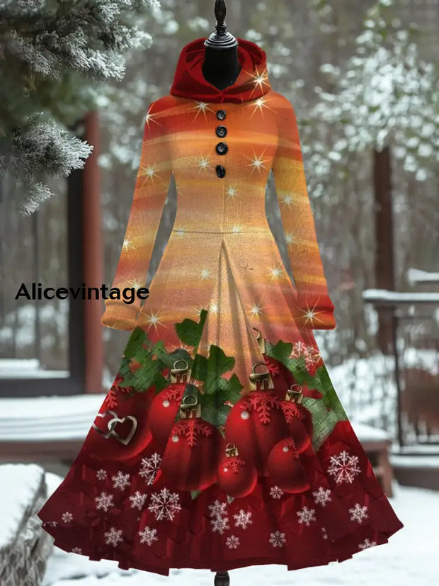 Christmas Print Retro Elegant Long Sleeve Maxi Dress Fake Two-Piece A / S