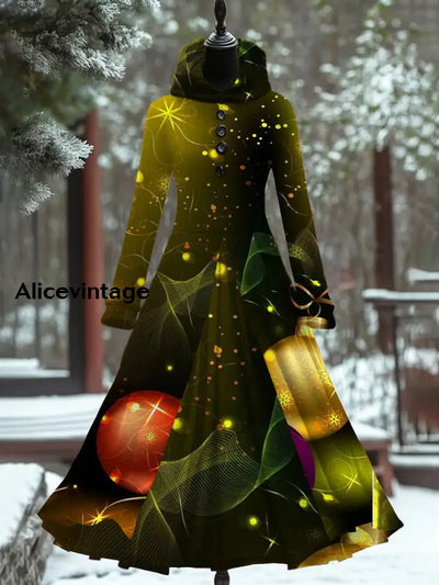 Christmas Print Retro Elegant Long Sleeve Maxi Dress Fake Two-Piece A / S