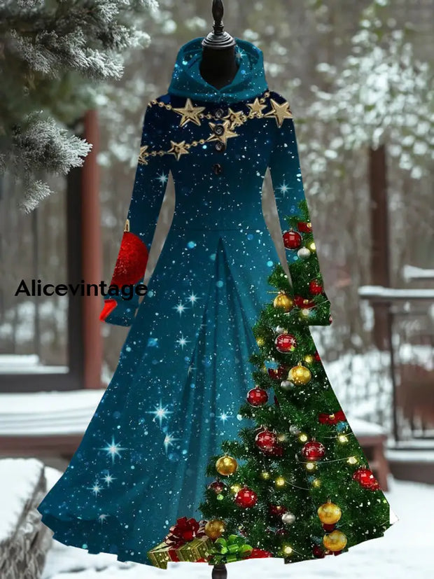 Christmas Print Retro Elegant Long Sleeve Maxi Dress Fake Two-Piece A / S