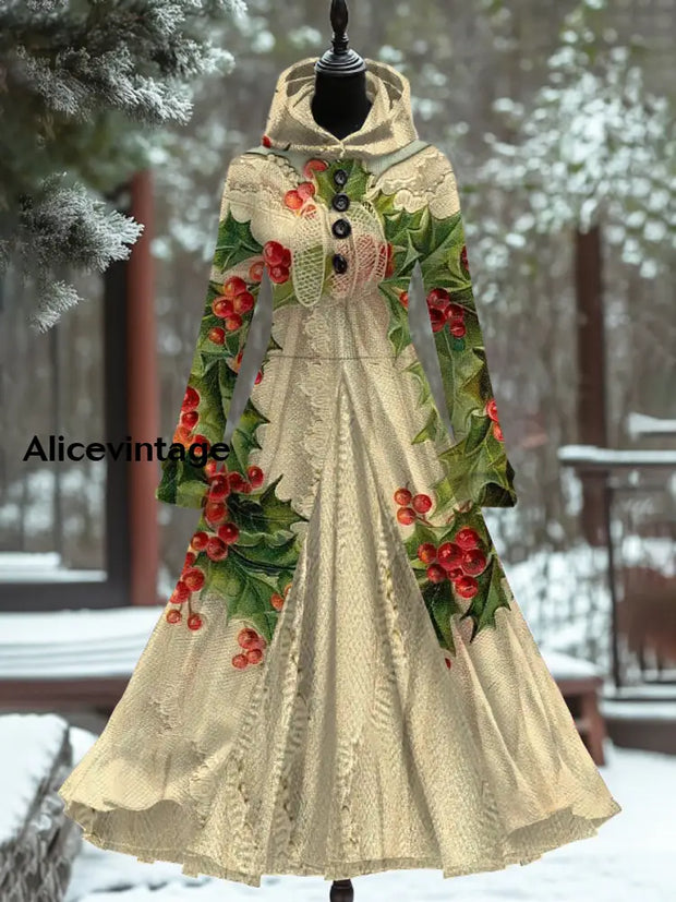 Christmas Print Retro Elegant Long-Sleeved Long Dress Fake Two-Piece A / S