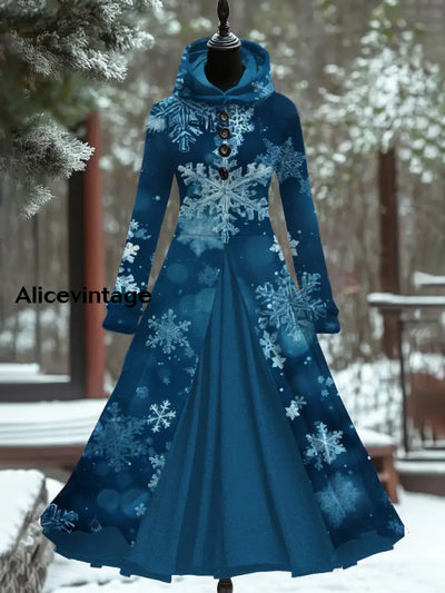 Christmas Print Retro Elegant Long-Sleeved Long Dress Fake Two-Piece A / S