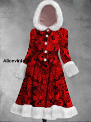 Christmas Red Feather Printed Elegance Furry Cuff Thick Long-Sleeved Fur Hooded Coat Midi Dress