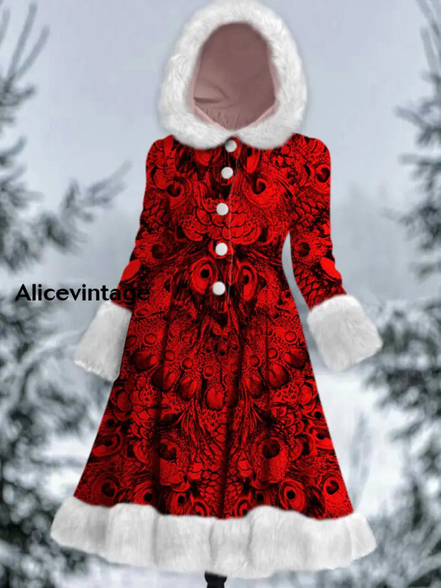 Christmas Red Feather Printed Elegance Furry Cuff Thick Long-Sleeved Fur Hooded Coat Midi Dress A /