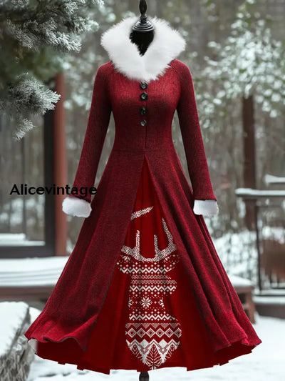 Christmas Reindeer Art Print Vintage Elegant Fur Collar Long Sleeve Fake Two Piece Maxi Dress A / S