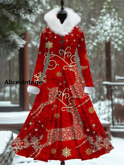 Christmas Reindeer Art Print Vintage Elegant Fur Collar Long Sleeve Fake Two Piece Maxi Dress A / S