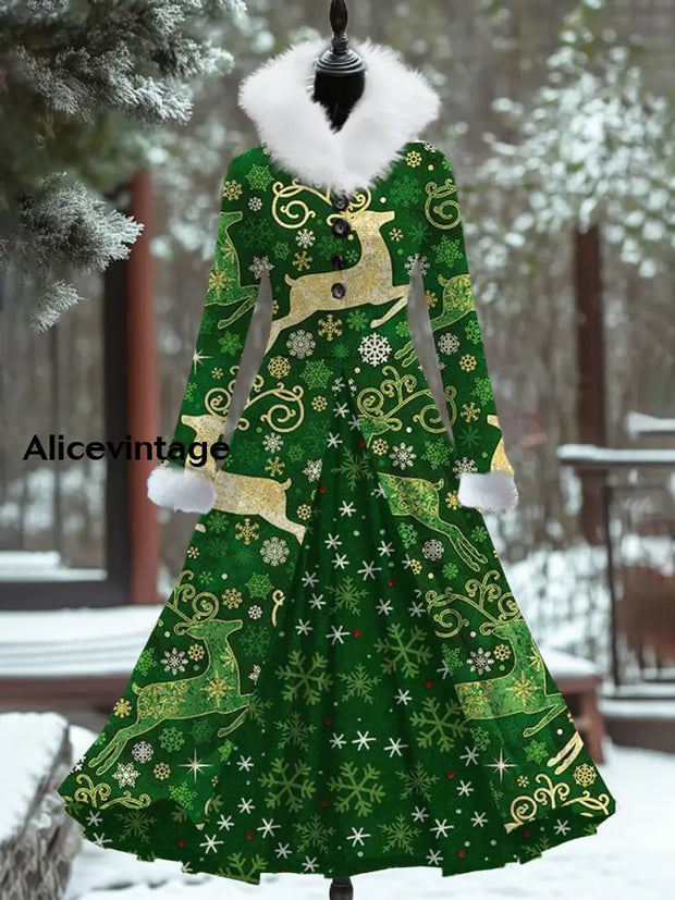 Christmas Reindeer Art Print Vintage Elegant Fur Collar Long Sleeve Fake Two Piece Maxi Dress A / S