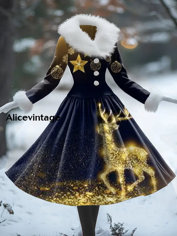 Christmas Reindeer Art Print Vintage Elegant Fur Collar Long Sleeve Midi Dress A / S