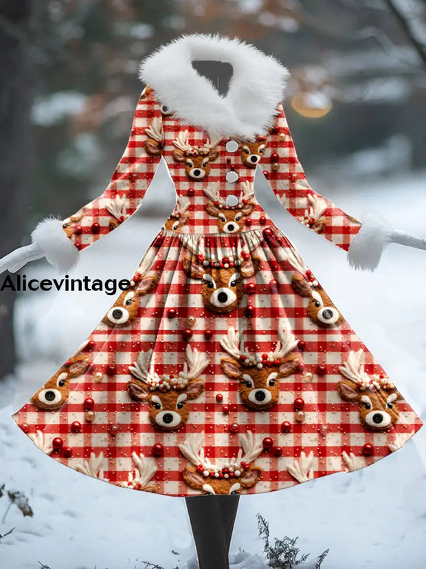 Christmas Reindeer Art Print Vintage Elegant Fur Collar Long Sleeve Midi Dress A / S