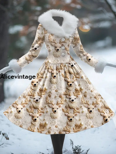 Christmas Reindeer Art Print Vintage Elegant Fur Collar Long Sleeve Midi Dress A / S