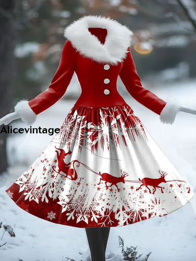 Christmas Reindeer Art Print Vintage Elegant Fur Collar Long Sleeve Midi Dress A / S