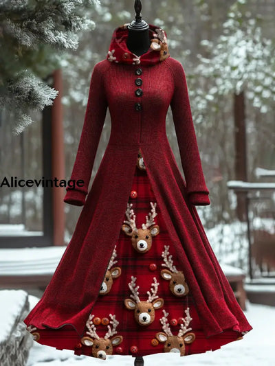 Christmas Reindeer Art Print Vintage Elegant Long Sleeve Maxi Dress Fake Two Piece A / S