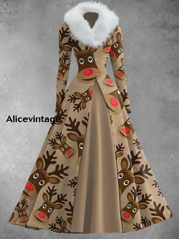 Christmas Reindeer Art Print Vintage Elegant V-Neck Fur Collar Long Sleeve Midi Dress A / S