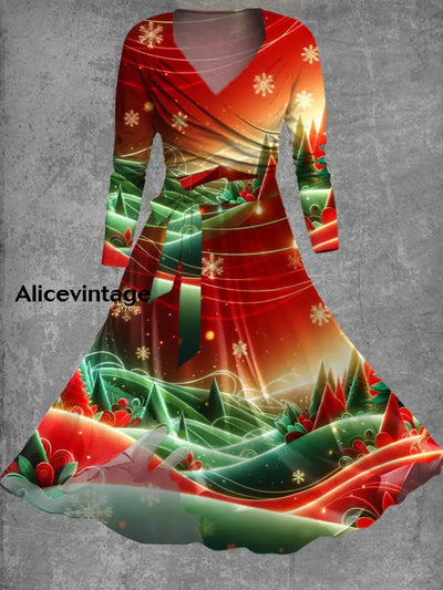 Christmas Retro Art Print Cross-Fold Long-Sleeved Two-Piece Mid-Length Dress A / S