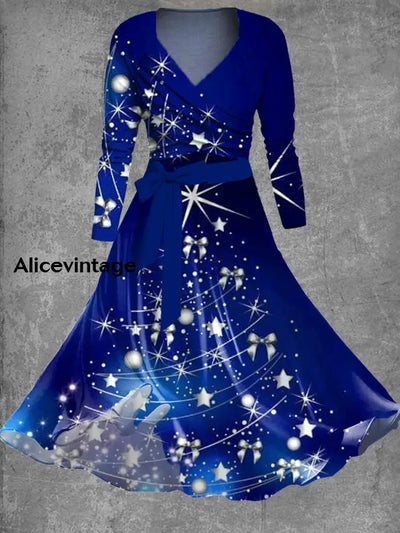 Christmas Retro Art Print Cross-Fold Long-Sleeved Two-Piece Mid-Length Dress A / S