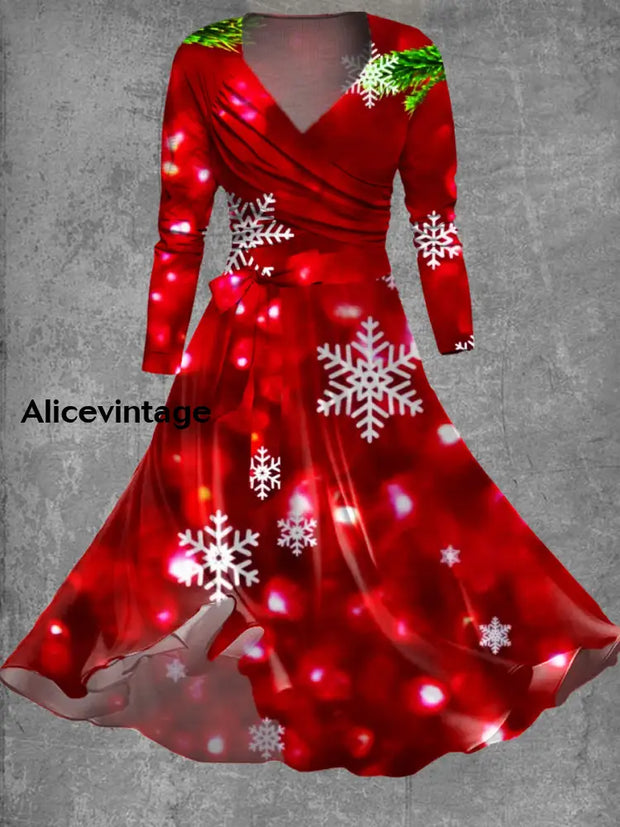 Christmas Retro Art Print Cross-Fold Long-Sleeved Two-Piece Mid-Length Dress A / S