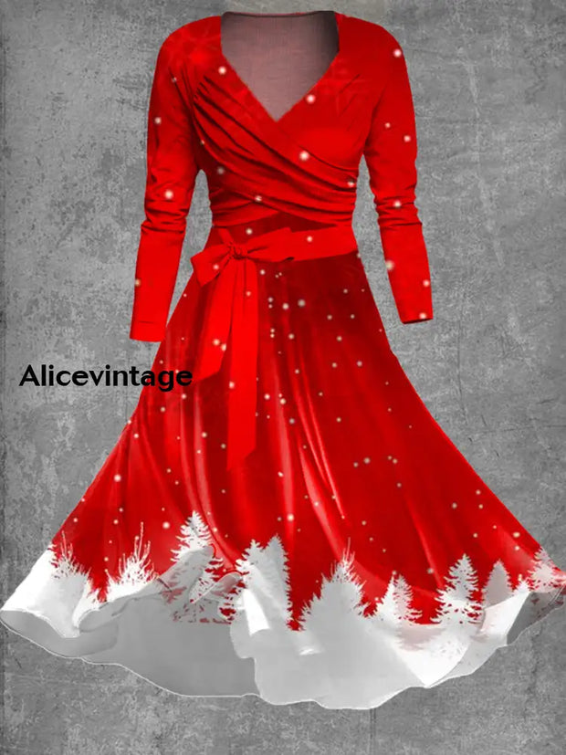 Christmas Retro Art Print Cross-Fold Long-Sleeved Two-Piece Mid-Length Dress A / S