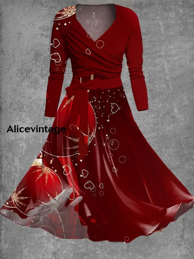 Christmas Retro Art Print Cross-Fold Long-Sleeved Two-Piece Mid-Length Dress A / S