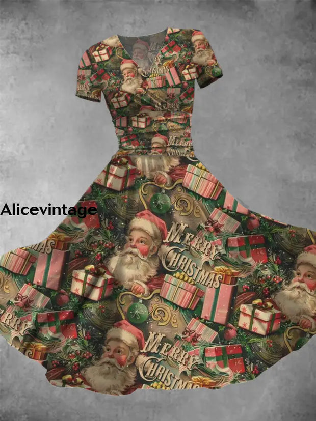 Christmas Santa Art Print V-Neck Short Sleeve Retro Midi Dress A / S