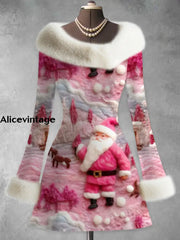 Christmas Santa Claus Art Print Vintage Elegant Fur Collar Long Sleeve Midi Dress