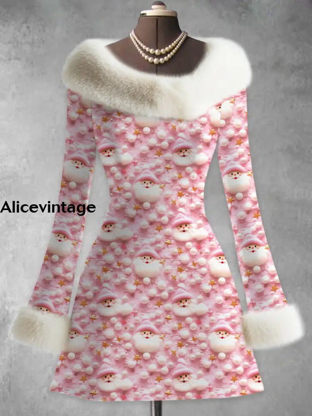 Christmas Santa Claus Art Print Vintage Elegant Fur Collar Long Sleeve Midi Dress