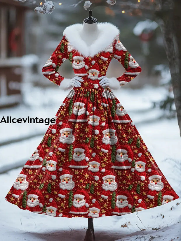 Christmas Santa Claus Art Print Vintage Elegant Fur Collar Long Sleeve Midi Dress A / S