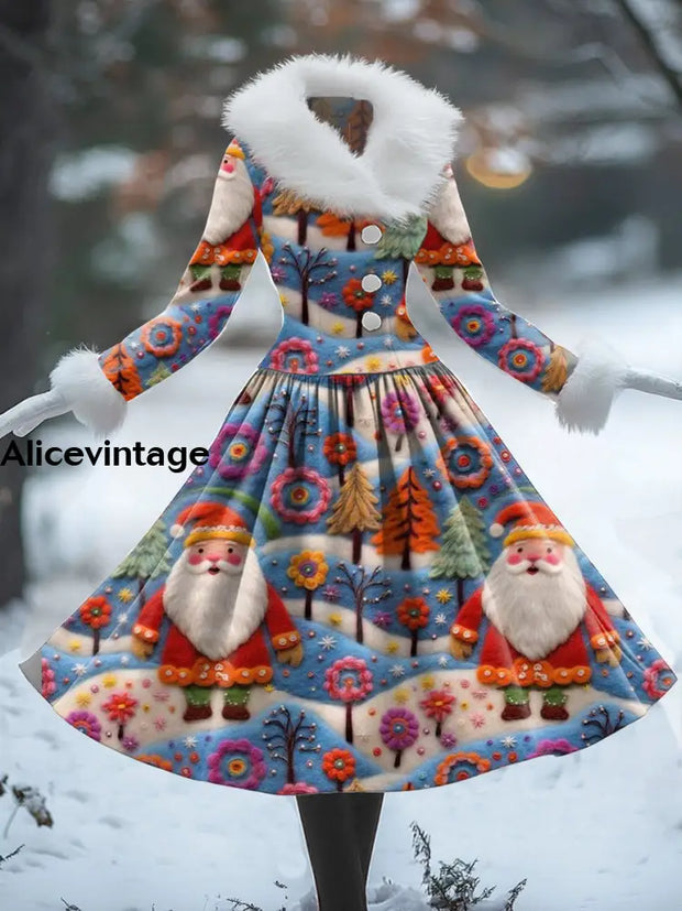 Christmas Santa Claus Art Print Vintage Elegant Fur Collar Long Sleeve Midi Dress A / S