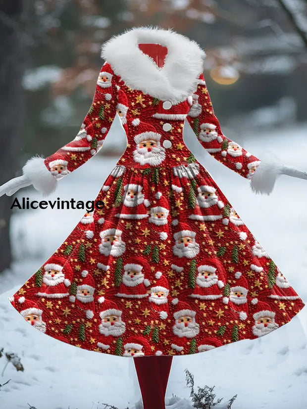 Christmas Santa Claus Art Print Vintage Elegant Fur Collar Long Sleeve Midi Dress A / S