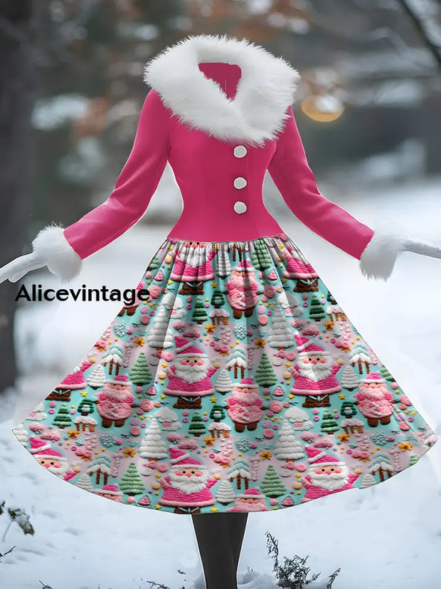 Christmas Santa Claus Art Print Vintage Elegant Fur Collar Long Sleeve Midi Dress A / S