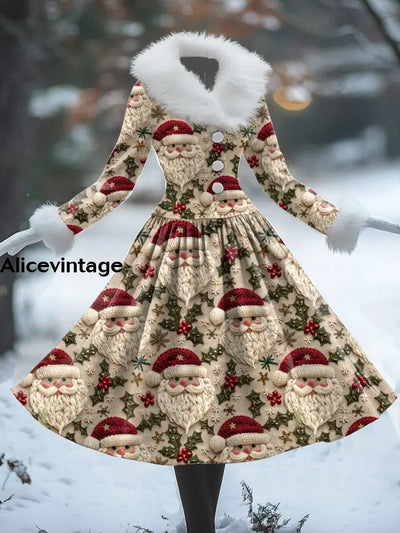 Christmas Santa Claus Art Print Vintage Elegant Fur Collar Long Sleeve Midi Dress A / S