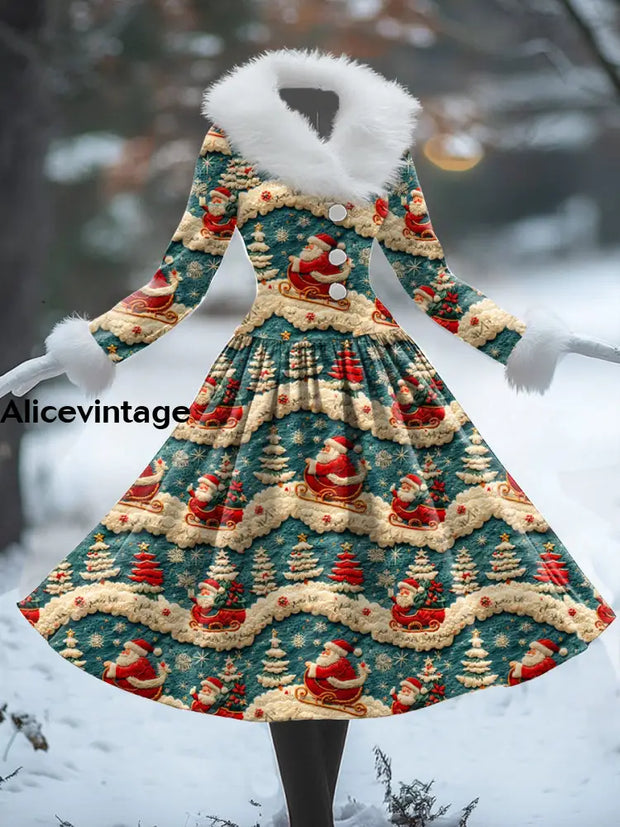 Christmas Santa Claus Art Print Vintage Elegant Fur Collar Long Sleeve Midi Dress A / S