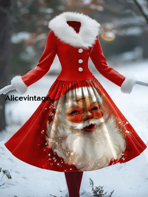 Christmas Santa Claus Art Print Vintage Elegant Fur Collar Long Sleeve Midi Dress A / S