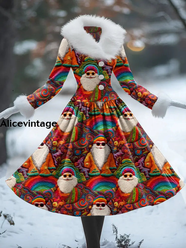 Christmas Santa Claus Art Print Vintage Elegant Fur Collar Long Sleeve Midi Dress A / S