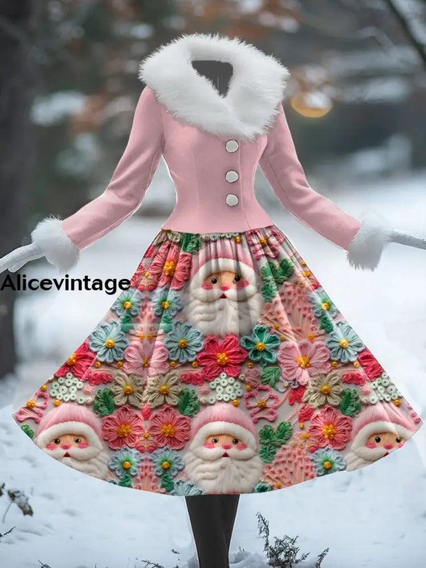 Christmas Santa Claus Art Print Vintage Elegant Fur Collar Long Sleeve Midi Dress A / S