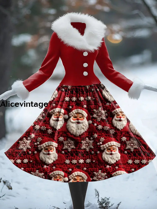 Christmas Santa Claus Art Print Vintage Elegant Fur Collar Long Sleeve Midi Dress A / S