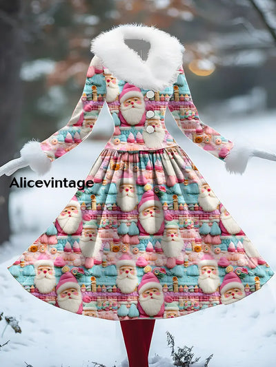 Christmas Santa Claus Art Print Vintage Elegant Fur Collar Long Sleeve Midi Dress A / S