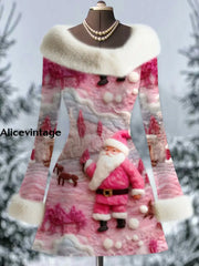 Christmas Santa Claus Art Print Vintage Elegant Fur Collar Long Sleeve Midi Dress A / S