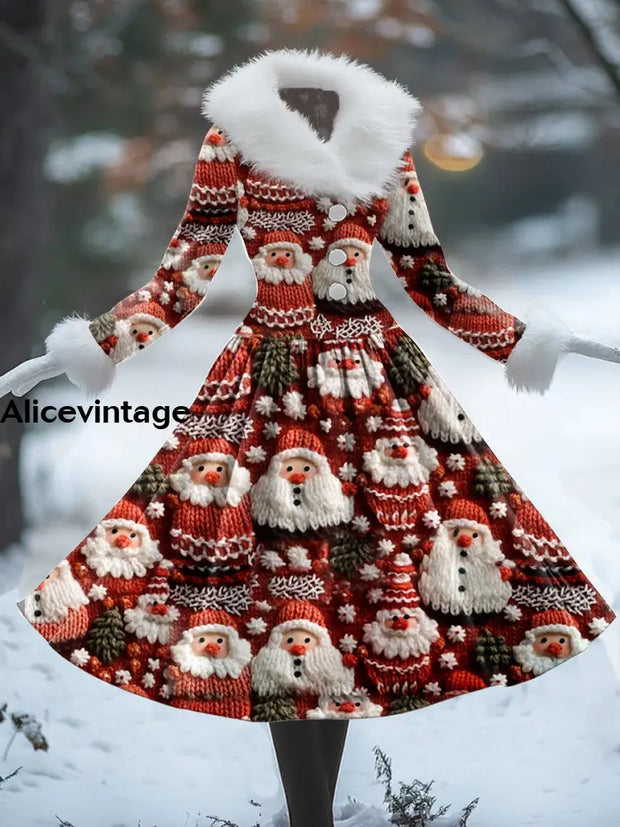 Christmas Santa Claus Art Print Vintage Elegant Fur Collar Long Sleeve Midi Dress A / S