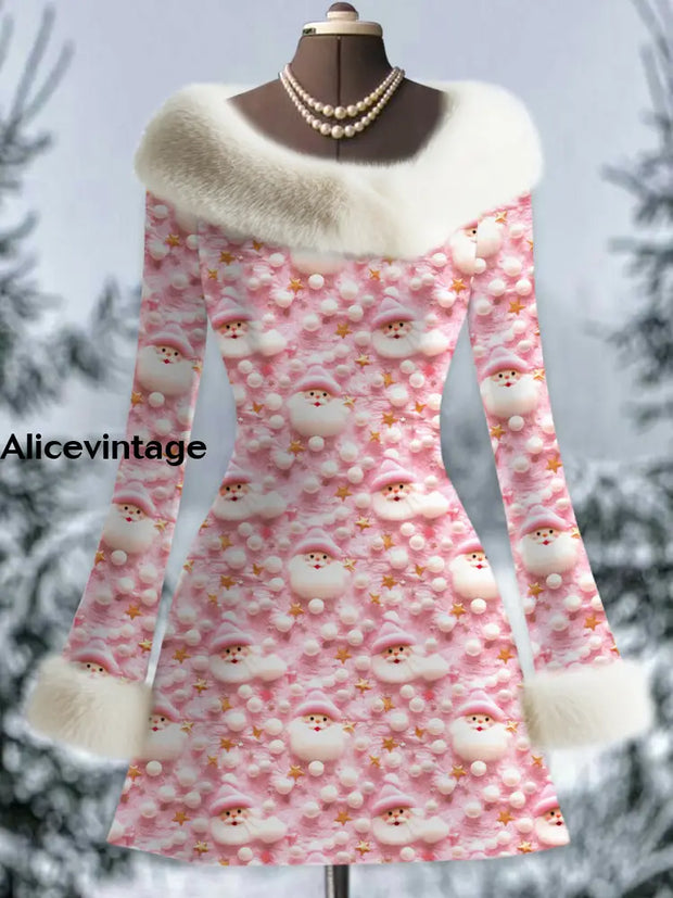 Christmas Santa Claus Art Print Vintage Elegant Fur Collar Long Sleeve Midi Dress A / S