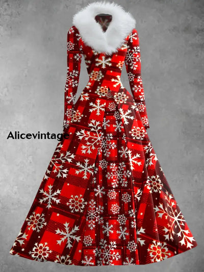 Christmas Snowflake Art Print Retro Elegant Long Sleeve Fake Two-Piece Maxi Dress A / S