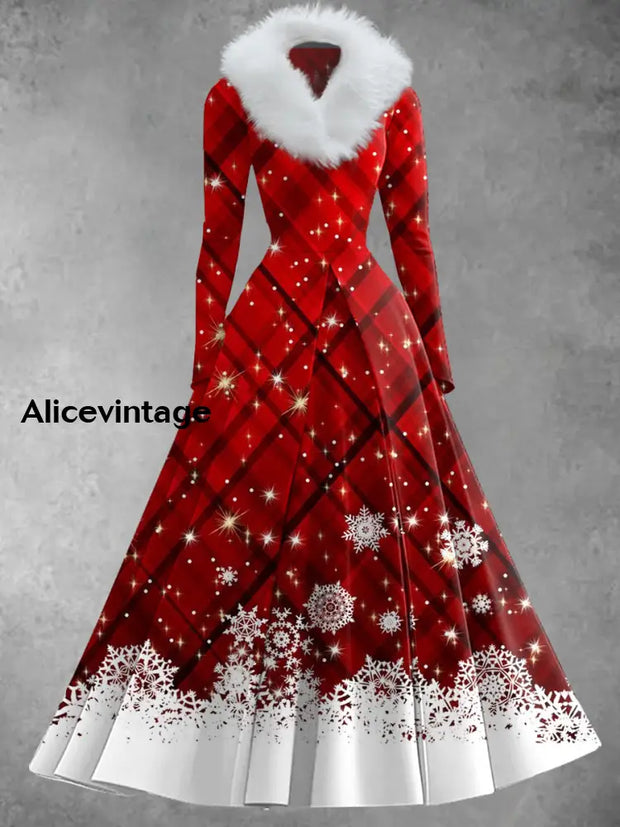 Christmas Snowflake Art Print Retro Elegant Long Sleeve Fake Two-Piece Maxi Dress A / S