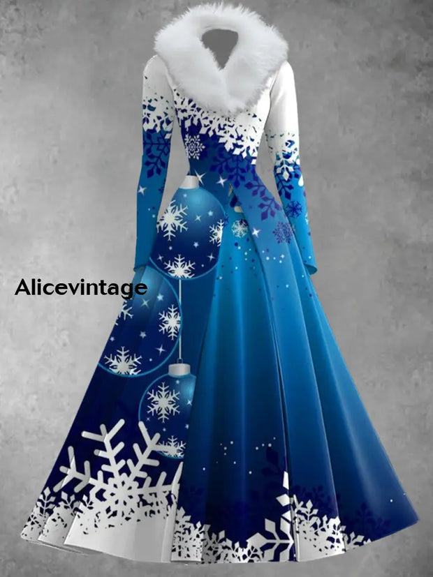 Christmas Snowflake Art Print Retro Elegant Long Sleeve Fake Two-Piece Maxi Dress A / S