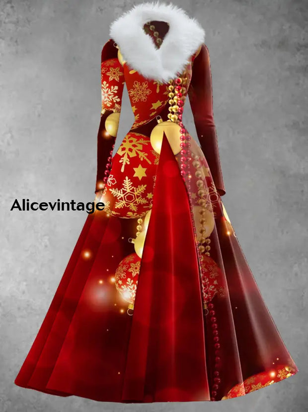 Christmas Snowflake Art Print Retro Elegant Long Sleeve Fake Two-Piece Maxi Dress A / S