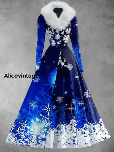 Christmas Snowflake Art Print Retro Elegant Long Sleeve Fake Two-Piece Maxi Dress A / S