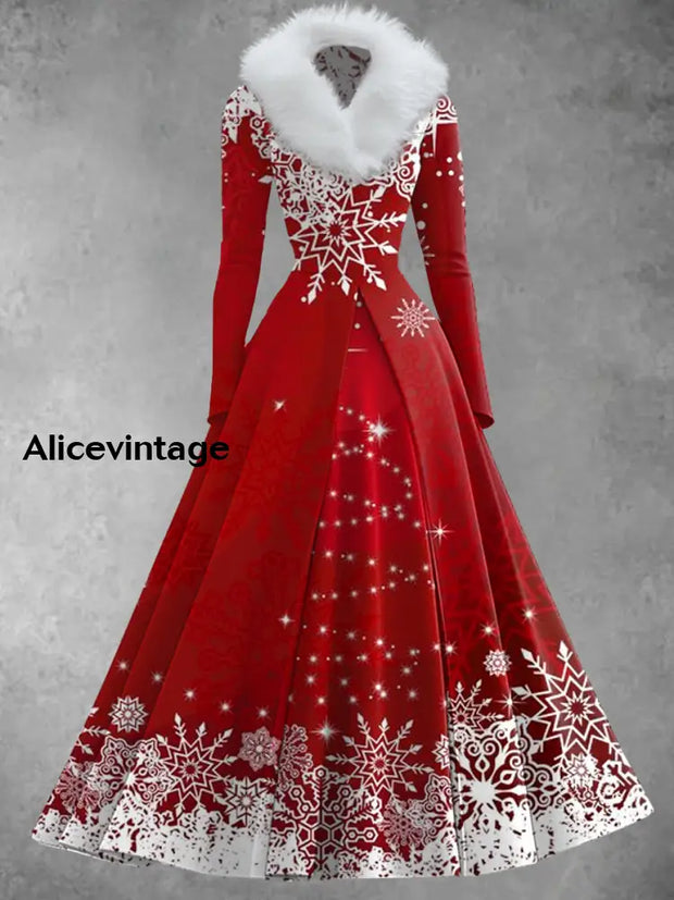 Christmas Snowflake Art Print Retro Elegant Long Sleeve Fake Two-Piece Maxi Dress A / S