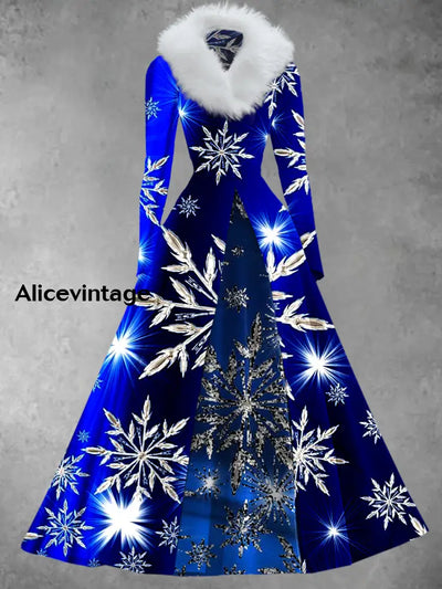 Christmas Snowflake Art Print Retro Elegant Long Sleeve Fake Two-Piece Maxi Dress A / S