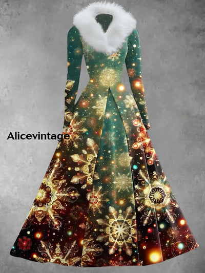 Christmas Snowflake Art Print Retro Elegant Long Sleeve Fake Two-Piece Midi Dress A / S