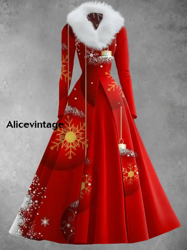 Christmas Snowflake Art Print Retro Elegant Long Sleeve Fake Two-Piece Midi Dress A / S